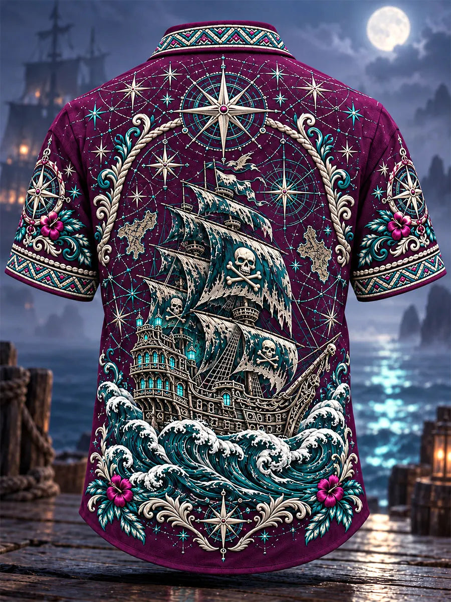 Ghost Pirate Ship Moonlit Nautical Short Sleeve Shirt
