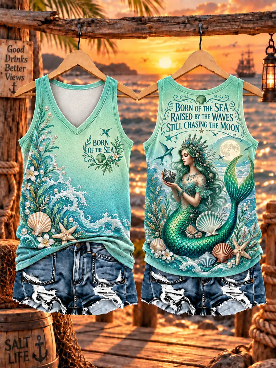 Women‘s "BORN OF THE SEA · RAISED BY THE WAVES · STILL CHASING THE MOON" V-Neck Tank Top