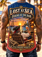 Men’s “Lost at Sea” Pirate Beach Bar & Sunset Print Sleeveless Tank Top