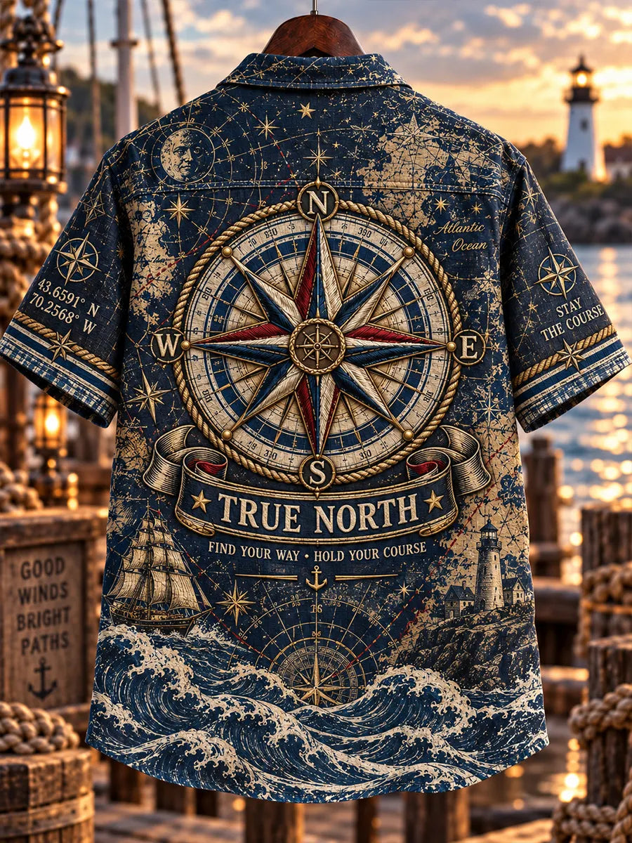 🧭 TRUE NORTH Men's Vintage Nautical Compass & Lighthouse Hawaiian Shirt