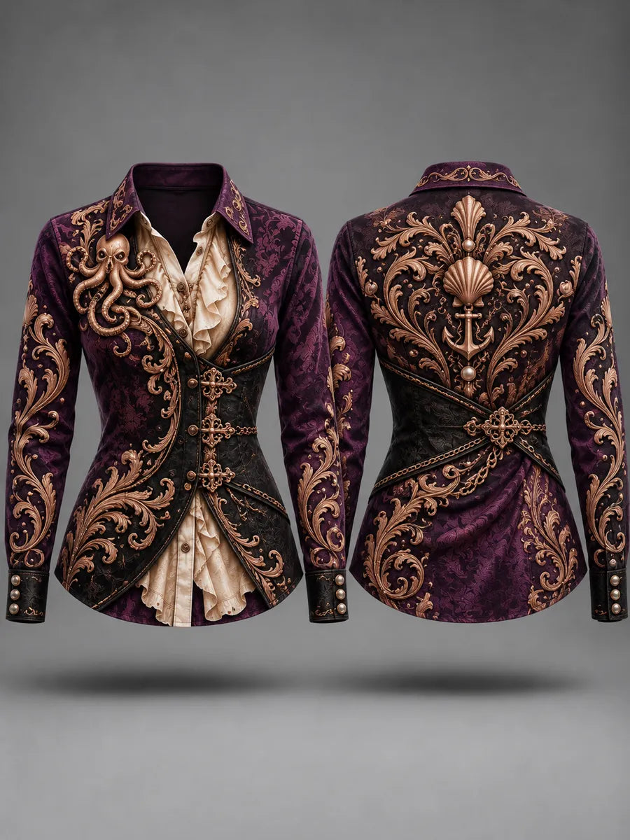 Women's Vintage-Style Pirate Art Print Casual Long Sleeve Button Down Shirt