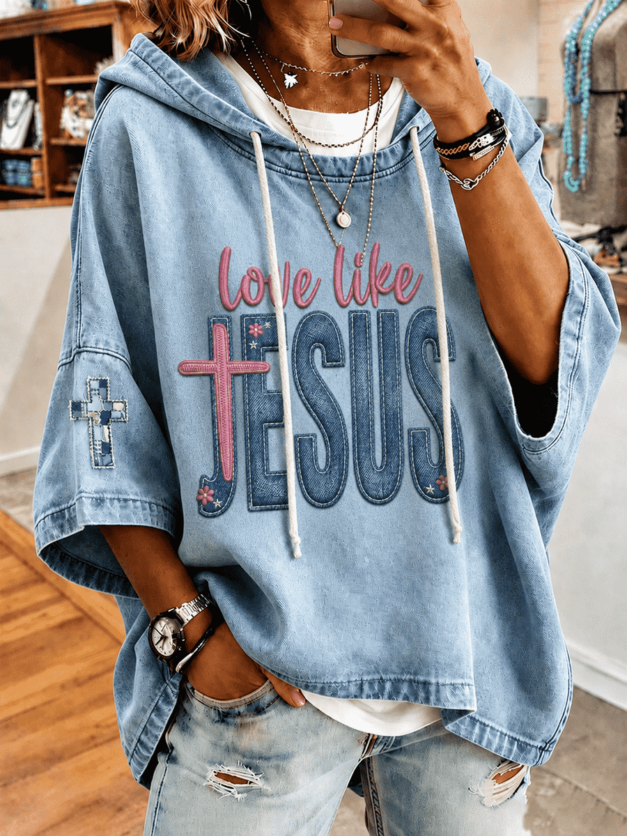 Women's Love Like Jesus Pink Cross Letter Patch Cross Sleeve Embroidery Hoodie