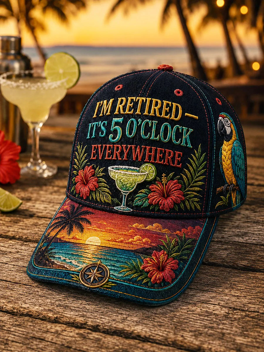 Retirement Tropical Parrot, Cocktail & Island Sunset Baseball Cap