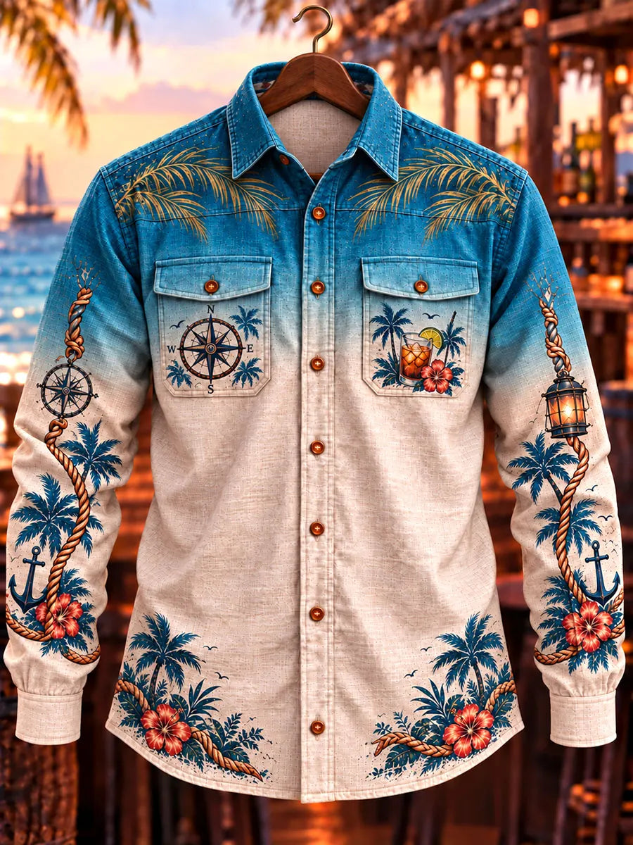Men's Vintage Tropical Island Pirate Print Casual Long Sleeve Shirt
