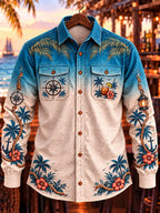 Men's Vintage Tropical Island Pirate Print Casual Long Sleeve Shirt