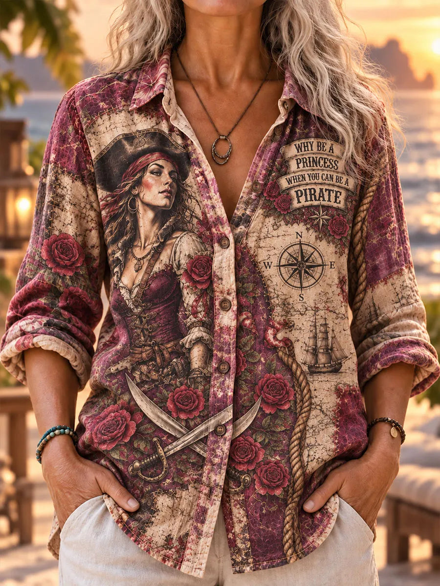 Pirate Queen Rose Print Women’s Long-Sleeve Collared Shirt