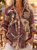 Pirate Queen Rose Print Women’s Long-Sleeve Collared Shirt