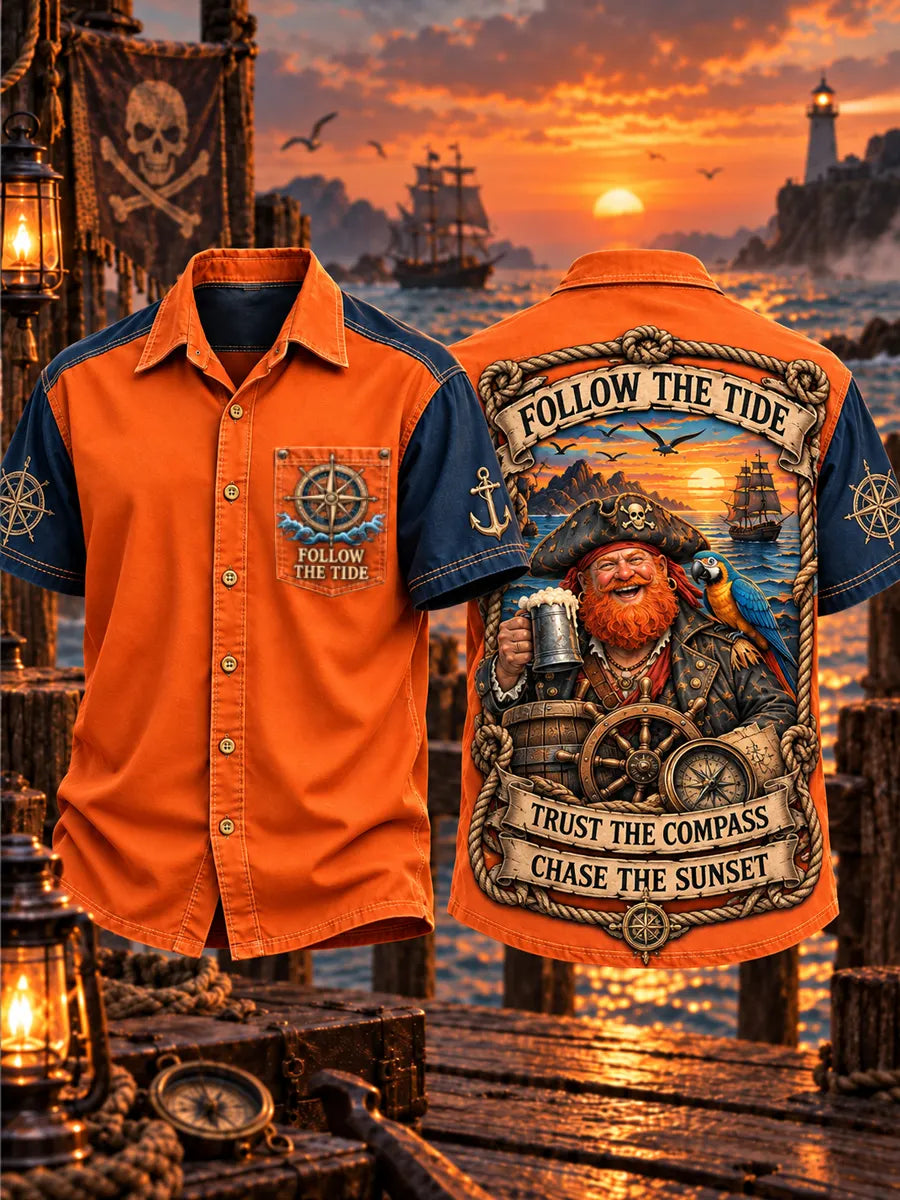 Men’s Vintage Old Salt Pirate Printed Short Sleeve Shirt