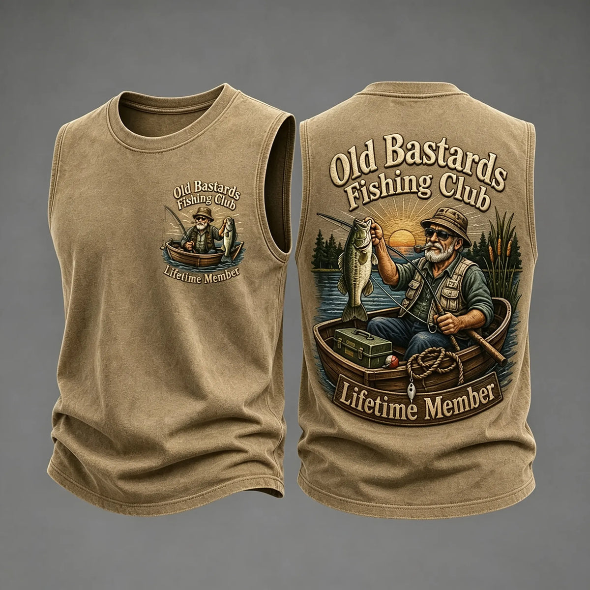 Men's Funny Old Bastards Fishing Club Lifetime Member Print Casual Tank Top