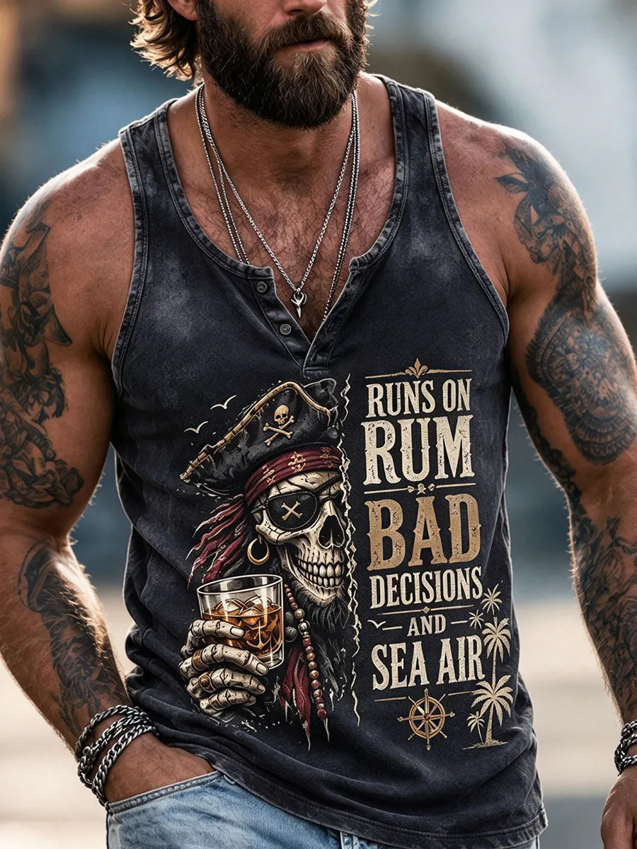 Pirate Skull Rum “Runs on Rum, Bad Decisions and Sea Air” Men’s Sleeveless Tank Top