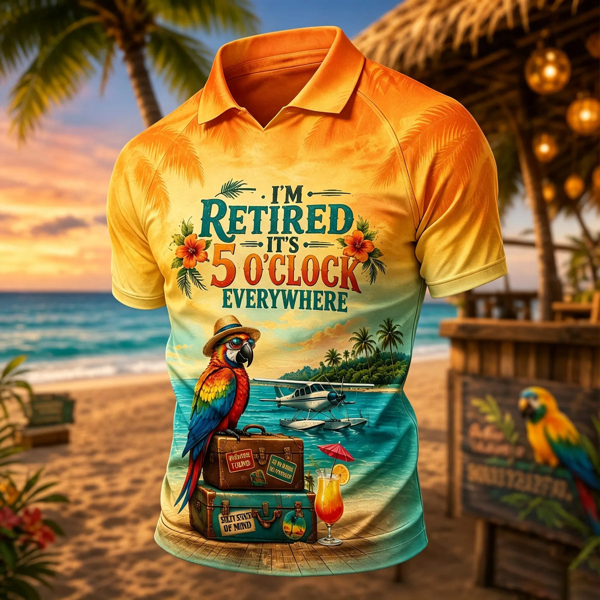 Men's I'm Retired It's 5 O'clock Everywhere Parrot Print Casual Tee