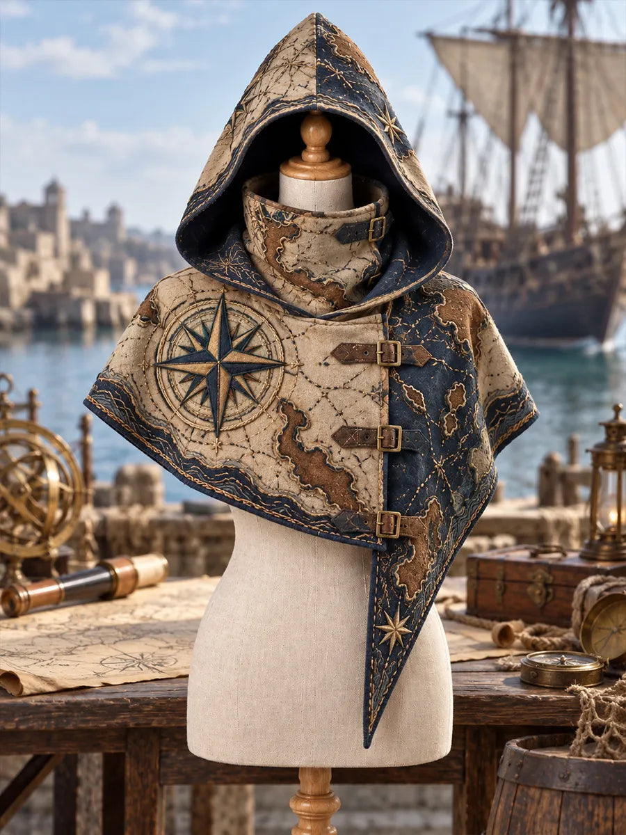 💀 Crimson Pirate Captain Hooded Cape – Baroque Skull & Golden Filigree Gothic Cloak