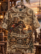 Men’s Lost at Sea Found at the Bar Sunset Pirate Graphic Pocket T-Shirt
