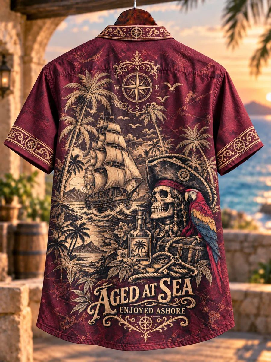 Vintage Pirate Ship Lace-Up Short Sleeve Shirt