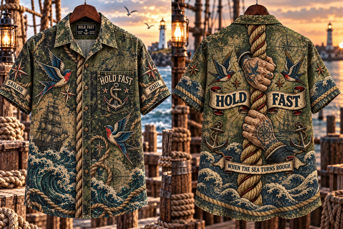 ⚓ HOLD FAST Sailor Soul Men's Vintage Tattoo Graphic Hawaiian Shirt