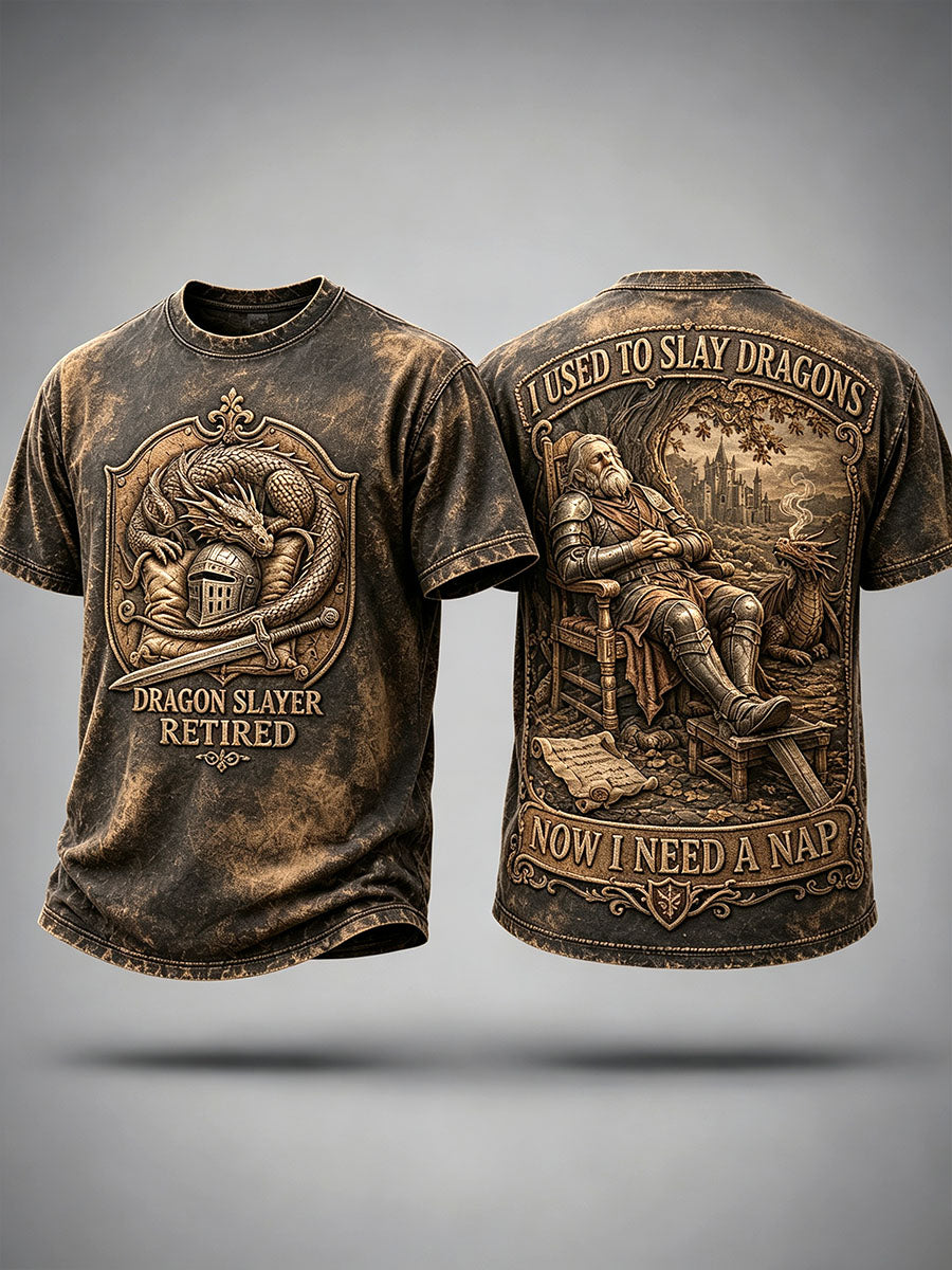 Men’s “Dragon Slayer Retired—Now I Need a Nap” Knight Humor Vintage Graphic T-Shirt