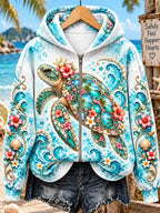Women's Ocean-Style Sea Turtle Art Print Casual Zip Hoodie