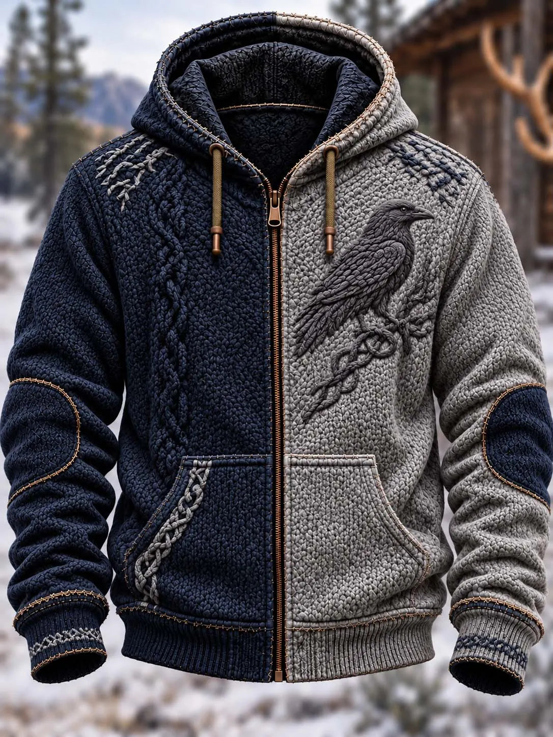 🦅 Odin's Raven & Cable Knit Two-Tone Navy &  Hoodie