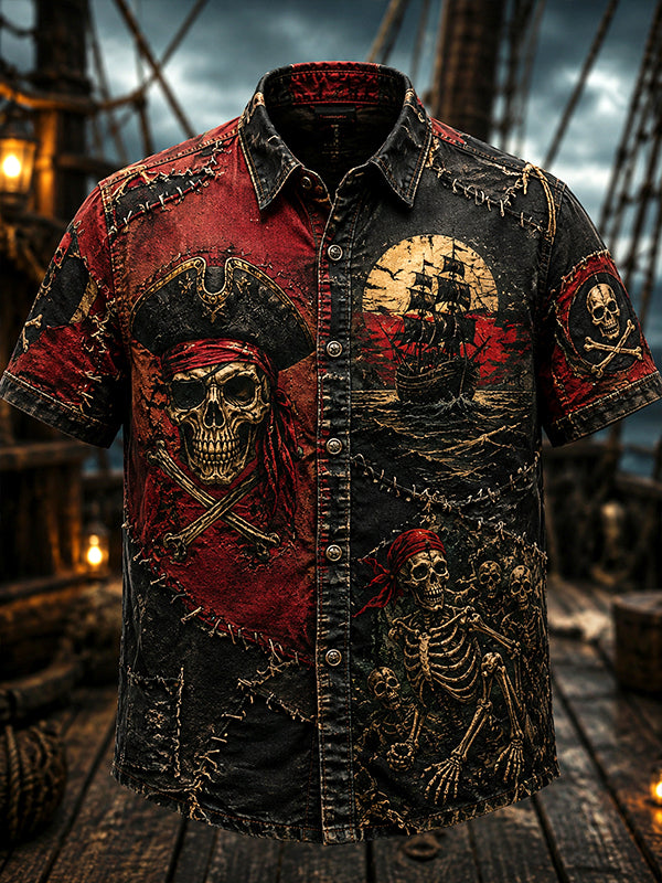 Men's Skeleton Pirate Dark Art Print Casual Shirt