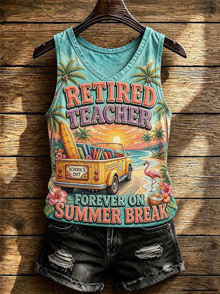 Women’s Retired Teacher Beach Vacation Graphic V-Neck Tank Top