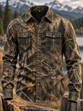 Vintage Hunting Culture Print Long Sleeve Button-Front Shirt