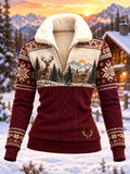 Women's Vintage Snowy Mountain Deer Bonded Fleece Hoodie