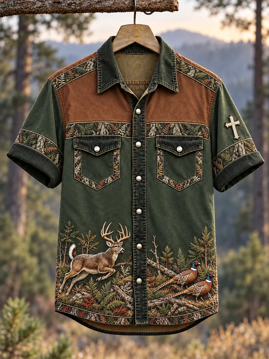 Vintage  Retro Hunting Culture Faith Art Print Short-Sleeve Button-Up Shirt