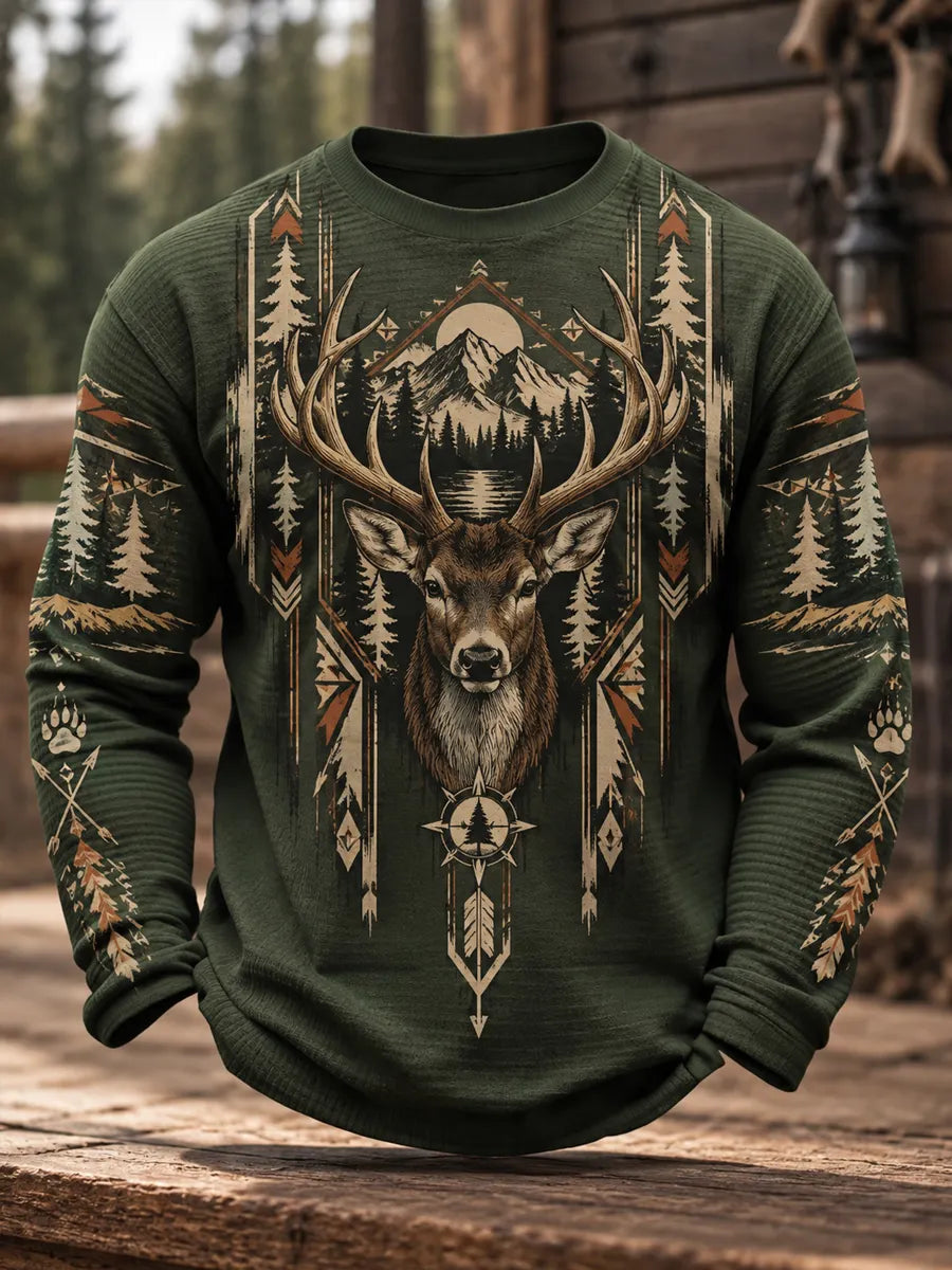 Retro Hunting Culture Print Crew Neck Sweatshirt