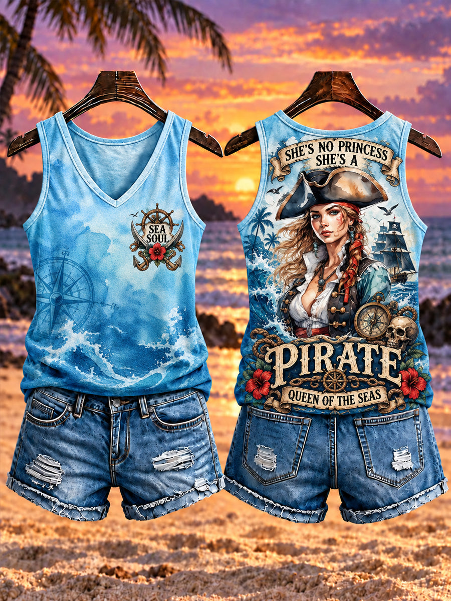 Women‘s "SHE'S NO PRINCESS · SHE'S A PIRATE · QUEEN OF THE SEAS" V-Neck Tank Top