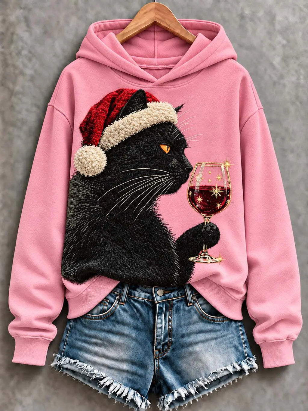 🍷  Black Cat Holding Wine Glass in Santa Hat Pink Christmas Hoodie