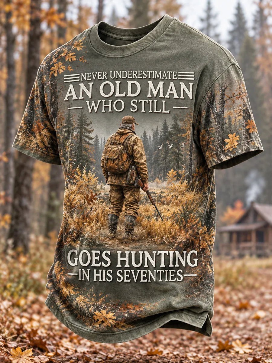 🌲 "Old Man Hunting In His Seventies" Camo Forest T-Shirt