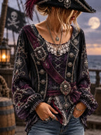 Women's Vintage-Style Pirate Art Print Casual Top