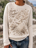 🦌 "Merry Christmas" 3D Reindeer & Pinecones Beige Knit Sweater