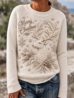 🦌 "Merry Christmas" 3D Reindeer & Pinecones Beige Knit Sweater