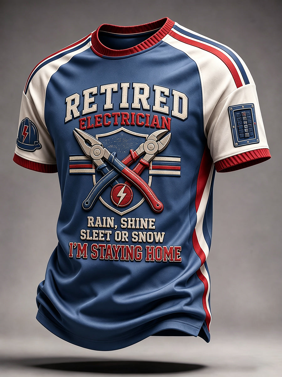Men’s Retired Electrician Vintage Sport Color-Block Crew Neck T-Shirt