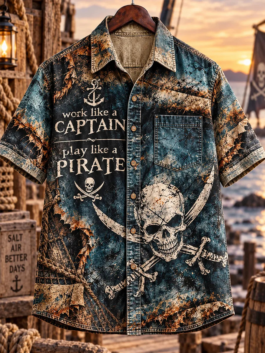 Men’s Retro Pirate Ocean Art Print Casual Shirt