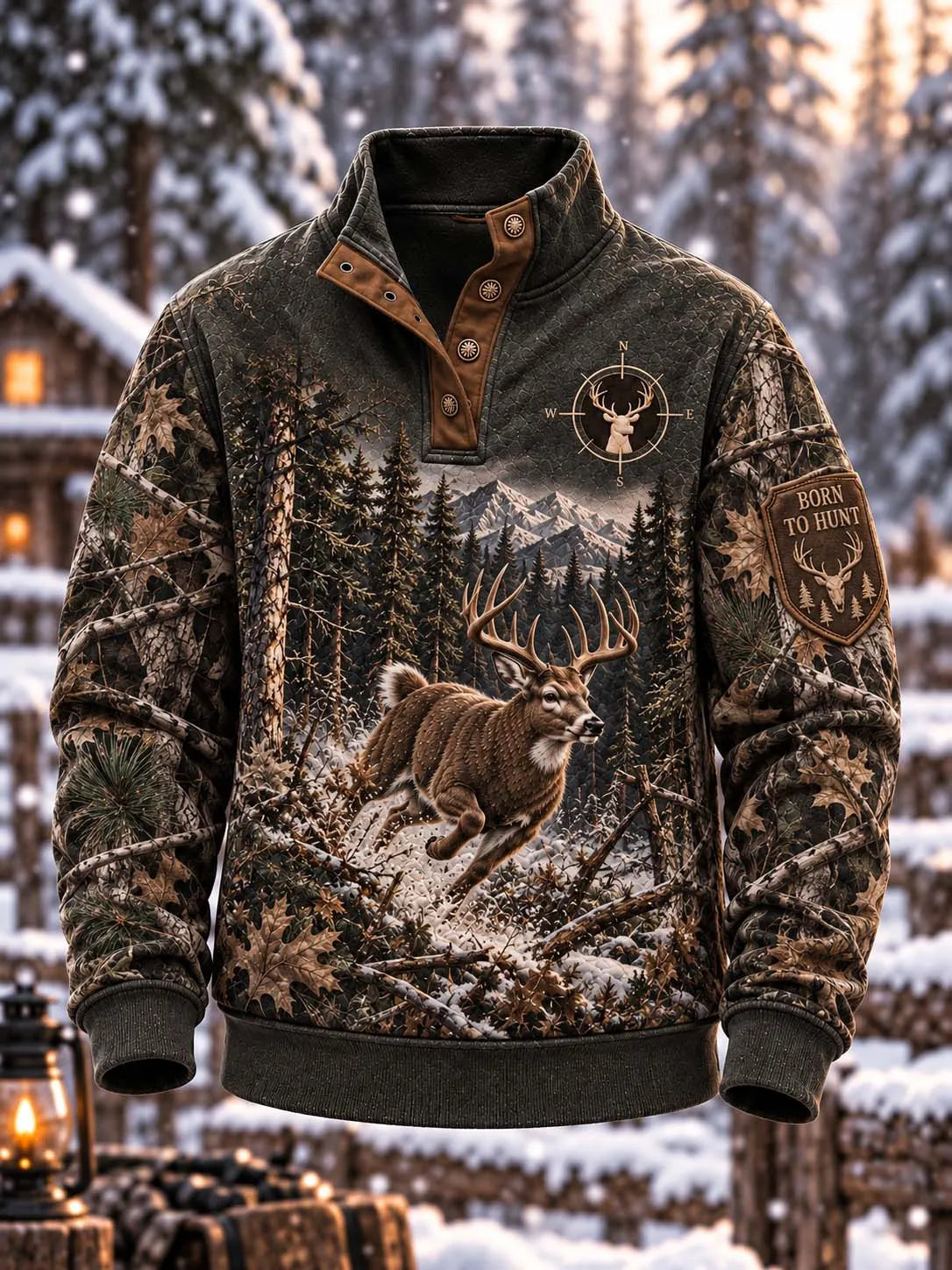 🌲 Men's Full Camo Whitetail Deer Running 3D Quilted Hunting Pullover 🦌