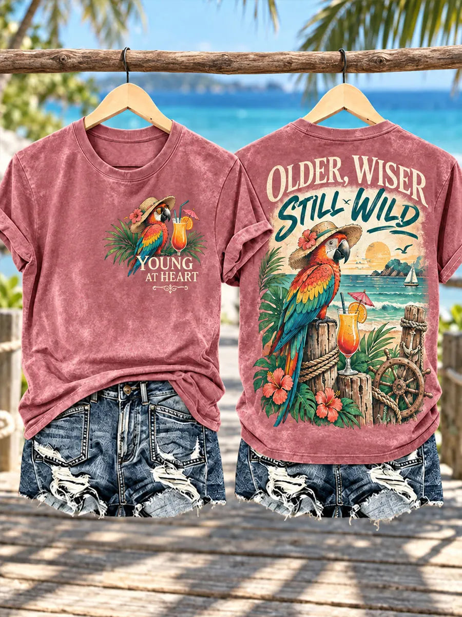 Women’s Vintage “Older, Wiser, Still Wild” Tropical Parrot Washed T-Shirt