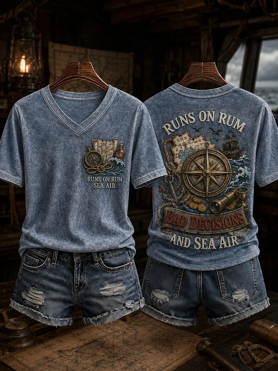 Women's "Runs On Rum Bad Decisions And Sea Air" V-neck T-shirts