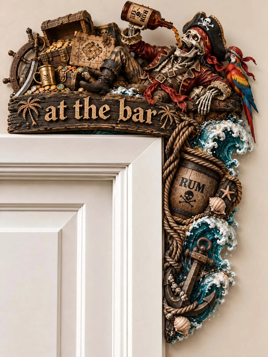 🏴‍☠️ ⚓ Pirate Skeleton Drinking Rum & Treasure Chest Door Frame Corner Decor