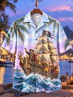 Men's Christmas Pirate Ship & Ocean Wave Print Short Sleeve Shirt
