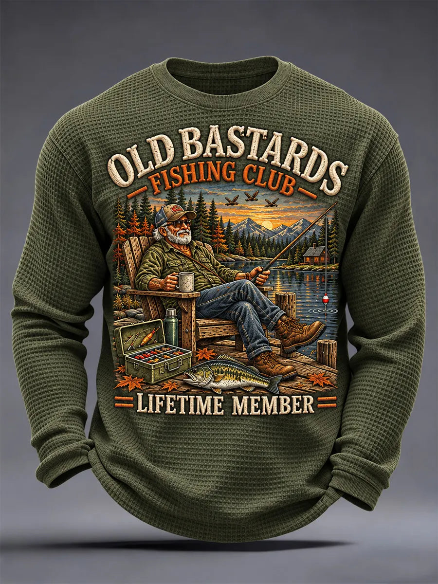 Men's Funny Old Bastards Fishing Club Lifetime Member Print Waffle Long Sleeve Top