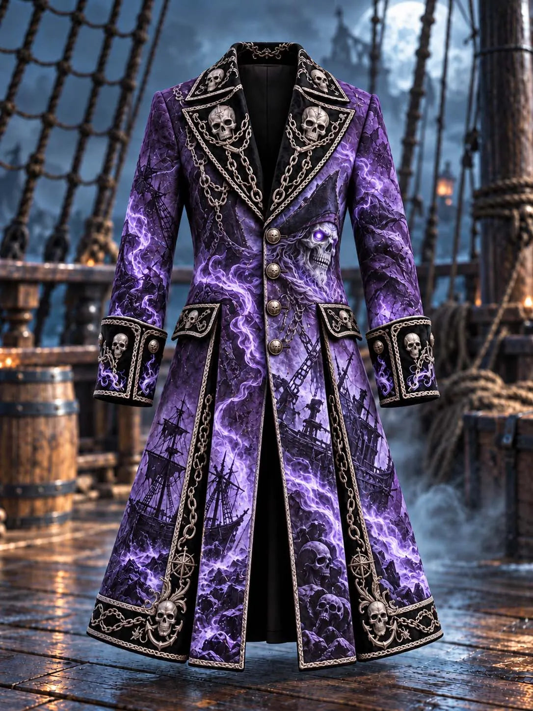 ⚡ Dark Purple Lightning Storm Skull Pirate Long Coat