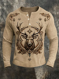Men's Retro Western Deer Print Casual Long Sleeve T-Shirt