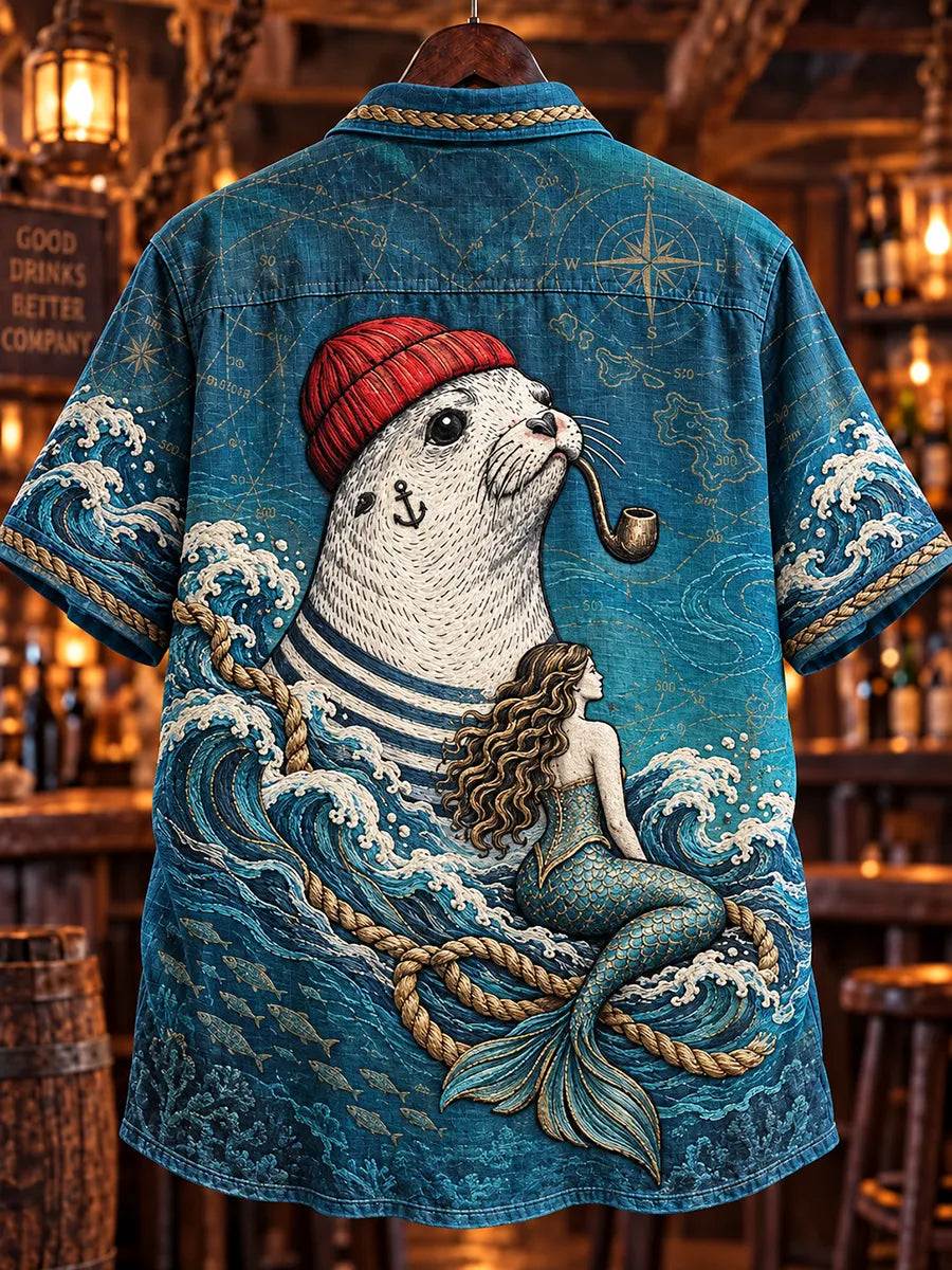 🌊"Mermaid & Sailor Seal" Nautical Fantasy Denim Shirt🦭
