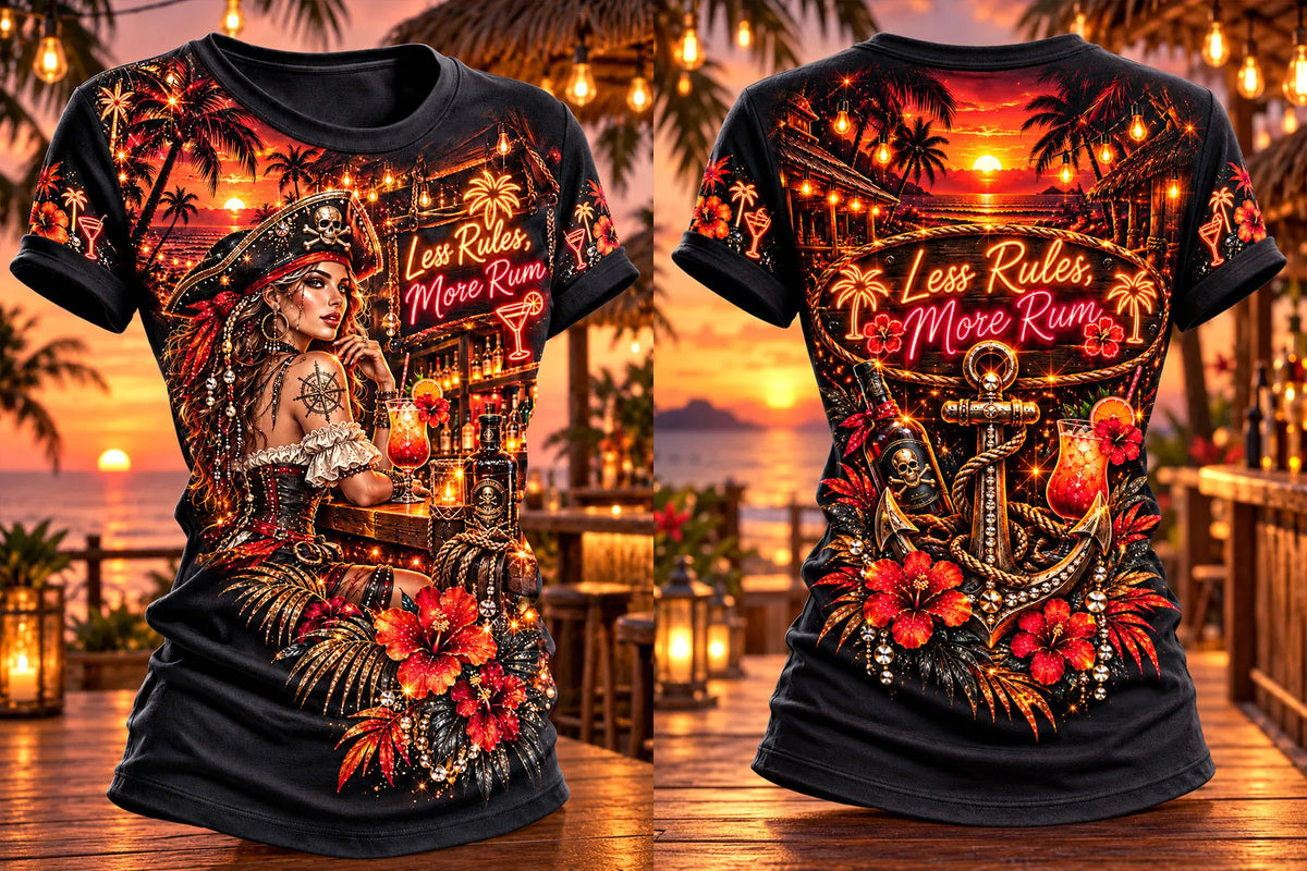 Rum Bar Pirate Woman Neon Graphic T-Shirt