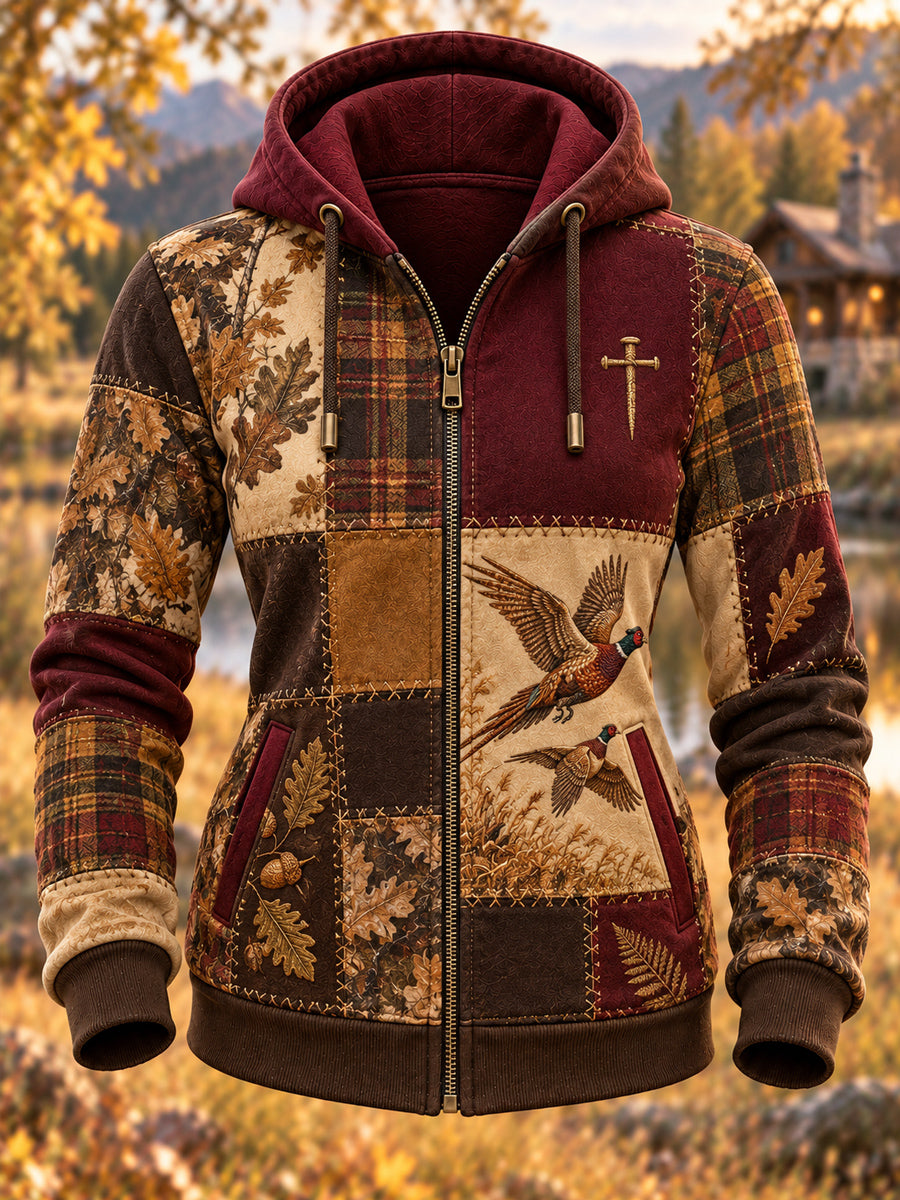 Women's Retro Hunting Culture Art Print Casual Zip-Up Hoodie