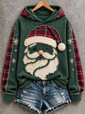 🎄✨ Fuzzy Beard Santa Claus Green Plaid Patchwork Christmas Hoodie