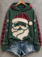 🎄✨ Fuzzy Beard Santa Claus Green Plaid Patchwork Christmas Hoodie
