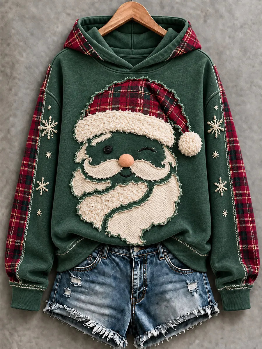 🎄✨ Fuzzy Beard Santa Claus Green Plaid Patchwork Christmas Hoodie